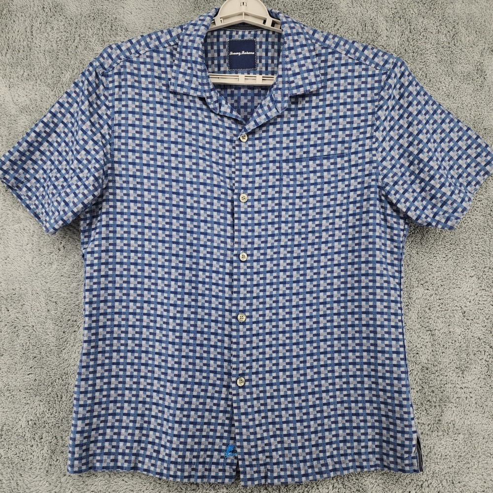Tommy Bahama Shirt Mens L Blue Check Silk Blend Textured Moroccan Squares Camp